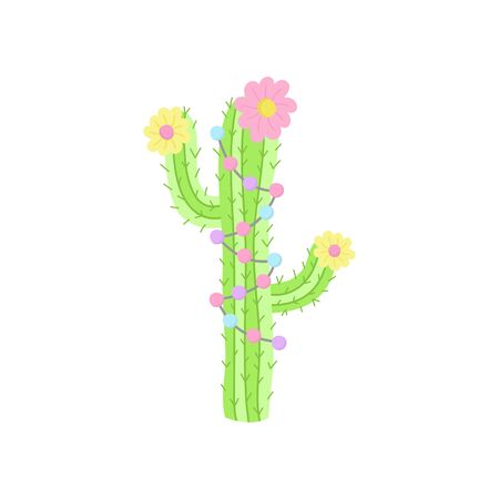 Hand drawn cactus. Cute vector illustration of cactus plant with flowers and decorations. Isolated.のイラスト素材