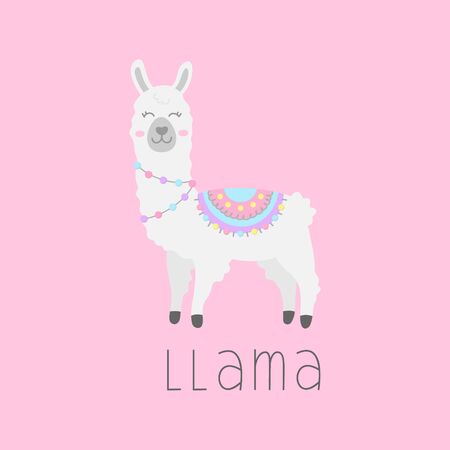 Hand drawn white llama with patterned fringed blanket. Cute furry llama or alpaca animal vector illustration with llama writing. Isolated on pink background.のイラスト素材