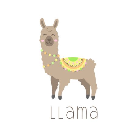 Hand drawn brown llama with patterned fringed blanket. Cute furry llama or alpaca animal vector illustration with llama writing. Isolated.のイラスト素材