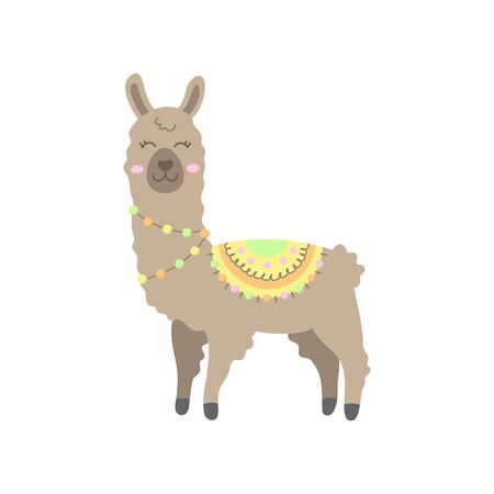 Cute hand drawn brown llama with patterned fringed blanket. Cute furry llama or alpaca animal vector illustration. Isolated.のイラスト素材
