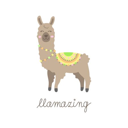 Hand drawn brown llama with patterned fringed blanket. Cute furry llama or alpaca animal vector illustration with llamazing writing. Isolated.のイラスト素材