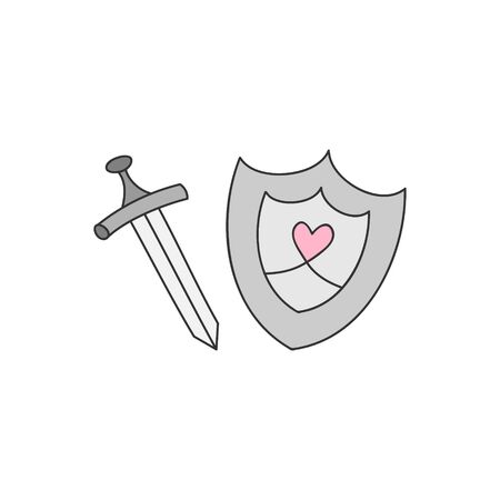 Armor, armor vector illustrations. Cute Knight's Sword and Shield, Fairytale, Medieval Prince Arms. Hand drawn isolated icon, sticker.のイラスト素材