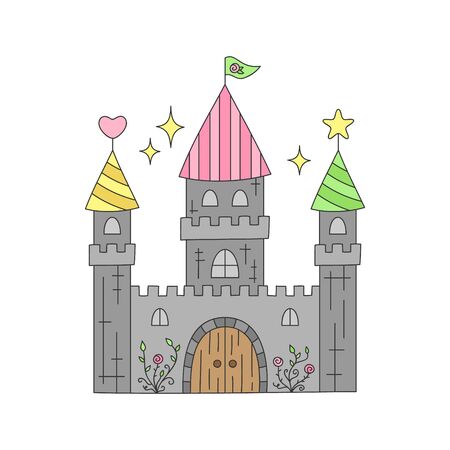 Vector Illustration Keywords: Hand drawn isolated tower house icon, sticker with wild rose on walls.のイラスト素材