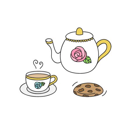 Vector Illustration Keywords: White teapot and cup with rose and gold details. Princess tea service with cookie. Hand drawn isolated icon, sticker.のイラスト素材
