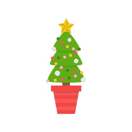 Vector Illustration Keywords: Festive, Seasonal, Holiday Cute Xmas Decorated Tree with Lights and Ornaments in Red Pot. Isolated cartoon graphic print.のイラスト素材