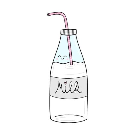 Milk in glass bottle vector illustration. Hand Drawn Cute Milk with Striped Straw Graphic. Isolated.のイラスト素材