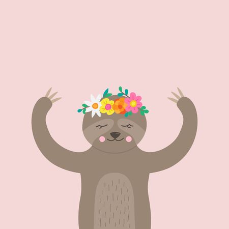 Vector Illustration Keywords: Hand drawn sloth animal with flower crown. Isolated on white background.のイラスト素材