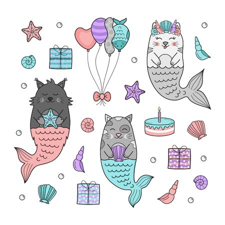 Vector Illustration Keywords: Hand Drawn Underwater Cat Collection. Isolated.のイラスト素材