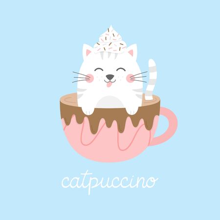 Cute cat in cappuccino vector illustration. Funny hand drawn kitten in coffee mug with whipped cream dollop on head and chocolate drizzle on cup, with catpuccino writing. Isolated.のイラスト素材