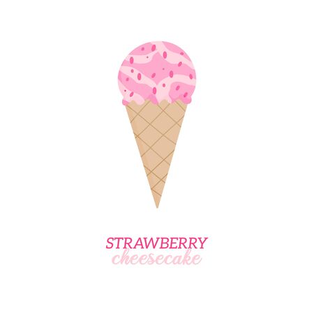 Strawberry cheesecake ice cream vector illustration. Sweet dairy or vegan strawberry flavored ice cream in waffle cone. Isolated.のイラスト素材