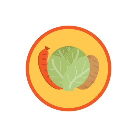 Cabbage vegetable soup vector illustration icon. Root vegetable broth, stock with potatoes and sausage cute round label. Isolated.のイラスト素材