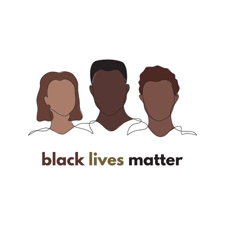 Black lives matter. Three people silhouette equality vector illustration. Hand drawn different gender, culture outline figures in one black line with colorful background. Isolated.のイラスト素材
