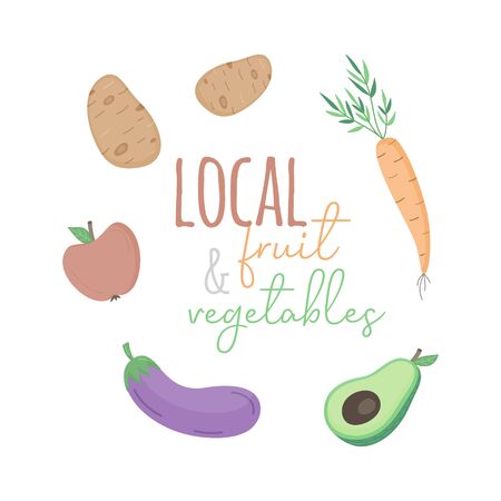 Local fruit and vegetables vector illustration. Hand drawn carrot, potatoes, apple, eggplant and avocado with writing. Isolated.のイラスト素材