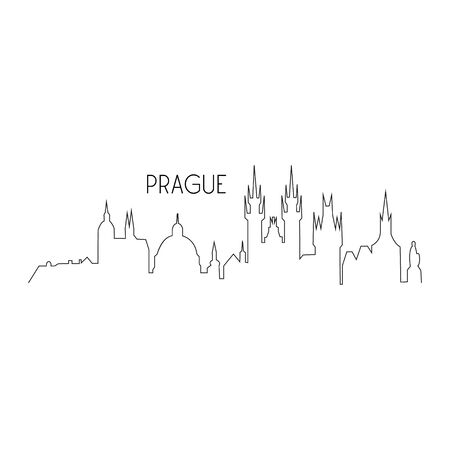 Prague one line vector landmark silhouette illustration. Capital city of Czech Republic, Prague black thin skyline with writing. Isolated.のイラスト素材