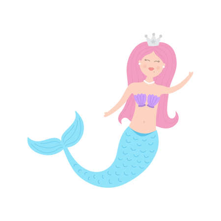 Cute mermaid vector illustration. Pink hair mermaid girl, princess with blue tail and purple shell bra. Isolated.のイラスト素材