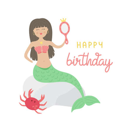 Cute mermaid vector illustration, birthday greeting card. Brown hair mermaid girl, princess with green tail and red shell bra sitting on rock with cute crab. Isolated.のイラスト素材