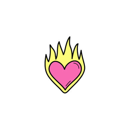 Heart in flames vector illustration icon. Doodle hand drawn outlined cartoon pink heart on yellow fire. Isolated.のイラスト素材