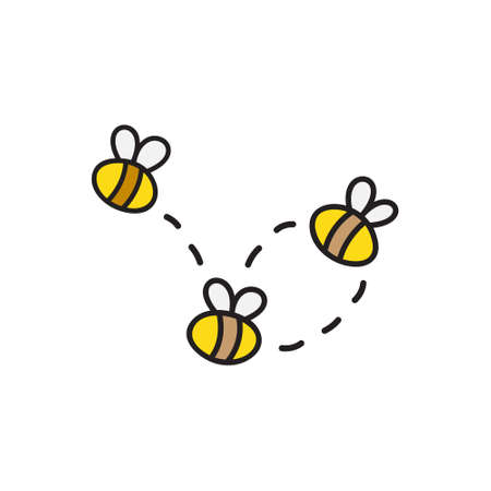 Bees vector illustration. Hand drawn cute honey bees flying. Outlined isolated insect cartoon graphic.のイラスト素材
