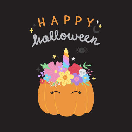 Happy halloween pumpkin vector hand drawn illustration. Orange carved unicorn pumpkin with flowers and leaves on top, flower headband. Cute autumn greeting card. Isolated.のイラスト素材