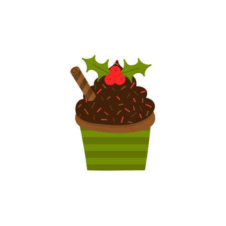 Gingerbread chocolate cupcake vector graphic illustration. Seasonal, autumn, christmas cupcake decorated with chocolate whipped cream, sprinkles, roll and holly on top. Isolated.のイラスト素材