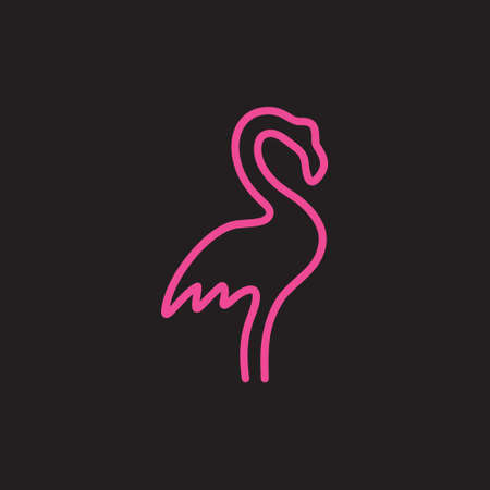 Flamingo vector illustration. Simple one line hot pink flamingo icon, hand drawing. Neon like bird sign, symbol. Isolated on black background.のイラスト素材