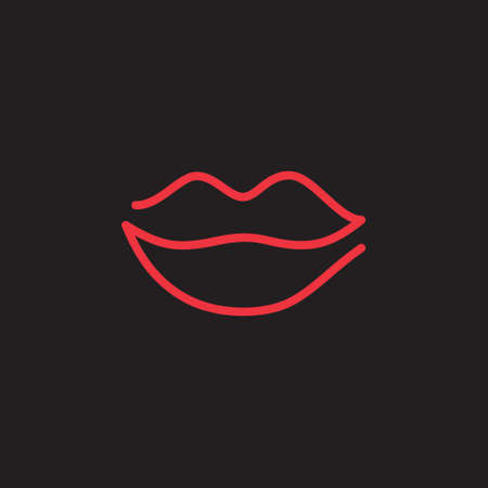 Lips vector illustration. Simple one line red lips icon, hand drawing. Neon like kiss sign, symbol. Isolated on black background.のイラスト素材
