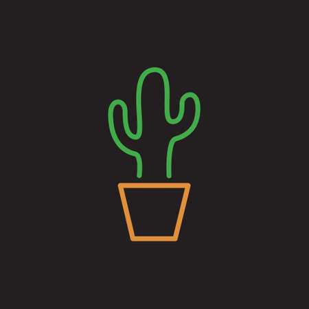 Cactus vector illustration. Simple green cacti in brown pot icon, hand drawing. Neon like succulent plant sign, symbol. Isolated on black background.のイラスト素材