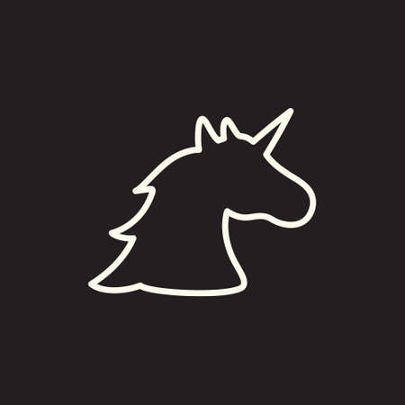 Unicorn vector illustration. Simple white unicorn icon, hand drawing. Neon like myth creature sign, symbol. Isolated on black background.のイラスト素材