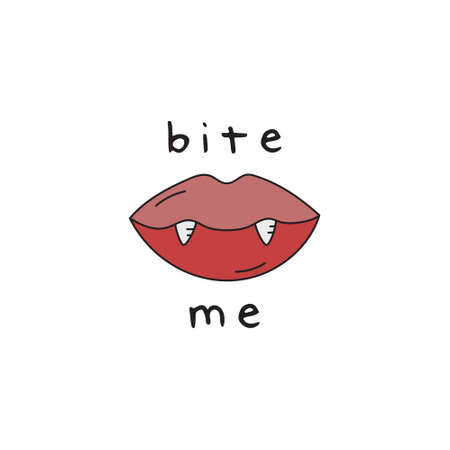 Bite me vampire mouth vector hand drawn illustration. Cute lips with sharp teeth sticking out and writing. Isolated.のイラスト素材