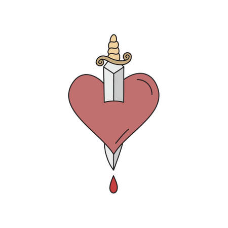 Dagger stabbed in the heart vector illustration. Bleeding heart pierced with a sharp dagger. Retro hand drawing. Isolated.のイラスト素材