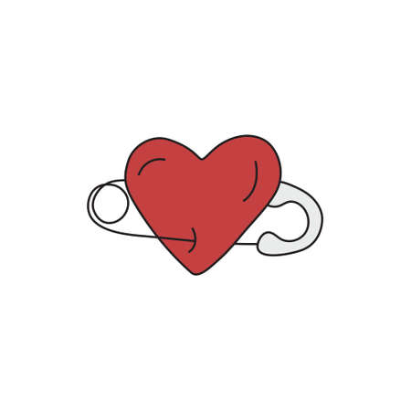 Heart pierced with safety pin vector illustration. Hand drawn punk red heart punctured with pin. Isolated.のイラスト素材