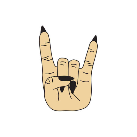 Rock gesture vector illustration. Hand with pointed long black nails showing rock n roll, rock, metal, punk symbol. Isolated.のイラスト素材