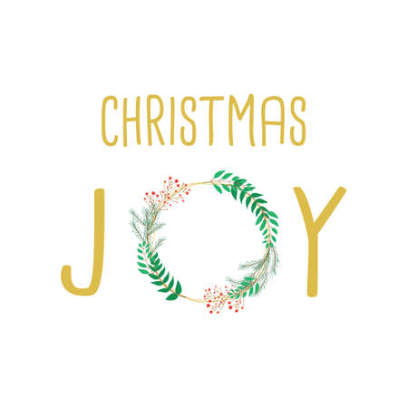 Christmas joy vector illustration. Word joy with xmas decorative natural wreath instead of letter o. Isolated.のイラスト素材