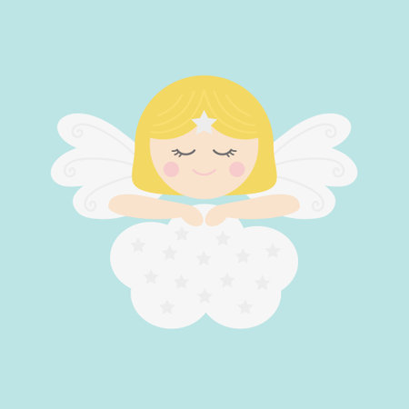Angel on cloud cute vector illustration. Sweet little angel girl or boy with golden, blonde hair, resting on cloud. Christmas poster or greeting card theme. Isolated on blue background.のイラスト素材