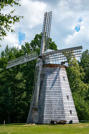Ancient gray wooden windmills in Latvia.の写真素材