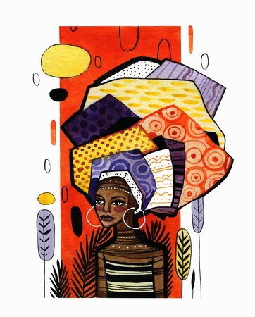 Illustration of an african american girl on a background of orange vertical stripe.  work with graphic elements is done in warm colors.の写真素材
