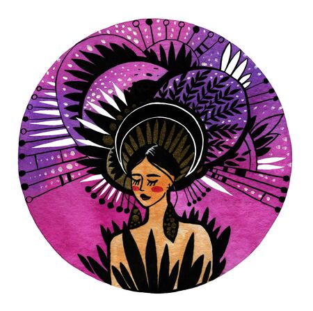 Illustration of a girl in a pink circle with an interesting hat.の写真素材