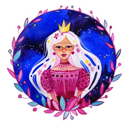illustration of a princess with white hair on a background of sky.の写真素材