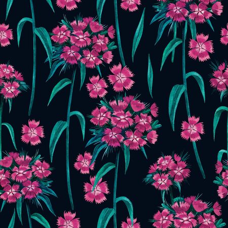 seamless pattern with pink Turkish carnation on a dark green background.の写真素材
