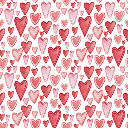 Seamless watercolor pattern with little pink and red hand-drawn hearts for St. Valentine's Day...