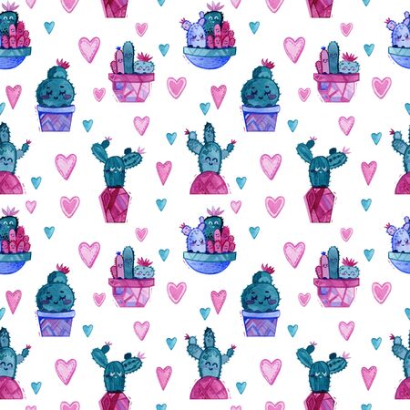 Hand drawn seamless pattern with cacti and hearts for making cards, wrapping paper and scrapbooking. Cacti with cute eyes in turquoise, blue and pink colors for your own design.の写真素材