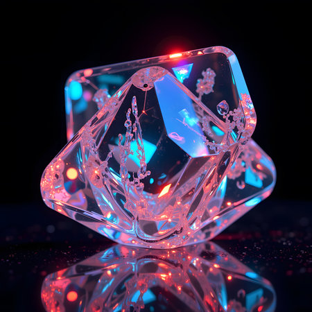 3d illustration of ice cube with red light reflection on black backgroundの素材