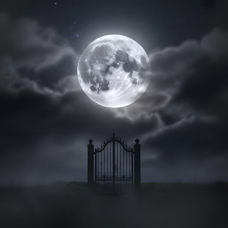Halloween background with dark gate and full moon. 3D renderingの素材