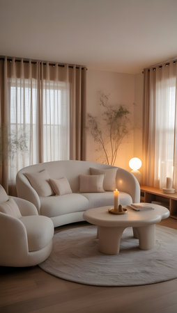 Interior of a living room with a white sofa and a candleの素材