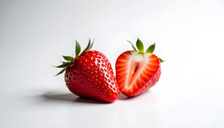 A fresh ripe strawberry and a half, isolated on a white background. Macro of a juicy red berry, symbol of healthy food, vitamins, and summer dessert.の素材