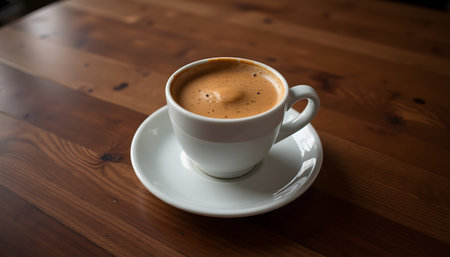 Coffee cup on wooden table in coffee shop, stock photoの素材