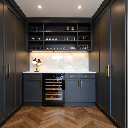 Kitchen wine refrigerator has gray cabinets and marble backsplash with shelf decor on wood floorの素材