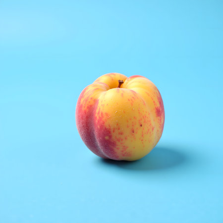 Ripe peach on a blue background. Minimal food concept.の素材