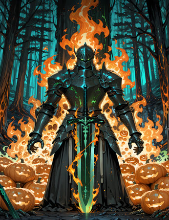 Fantasy illustration of a man in a spooky forest with fire.の素材