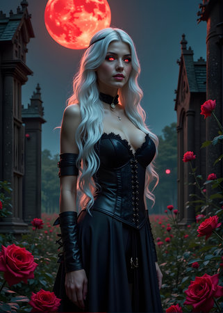Pale vampire woman displays red eyes and dark clothing near roses under a red moon in gothic sceneryの素材